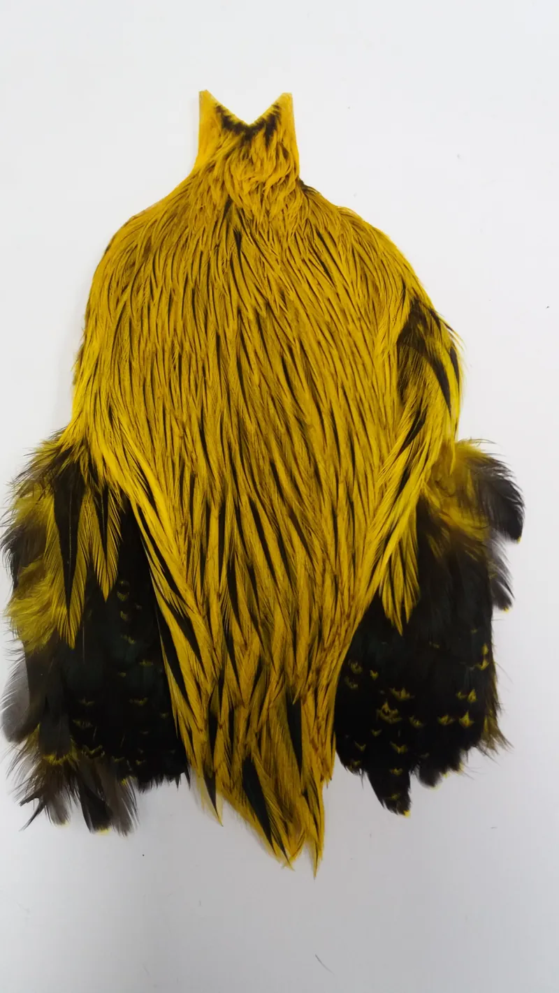 The Lakeland Brahma Rooster Cape in Silver Badger Dyed Yellow  from Whiting Farms-6